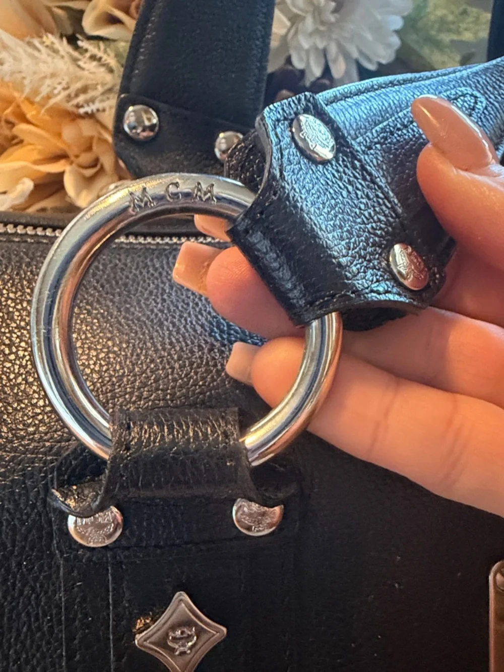 MCM Black Leather Boston Satchel with Silver Hardware